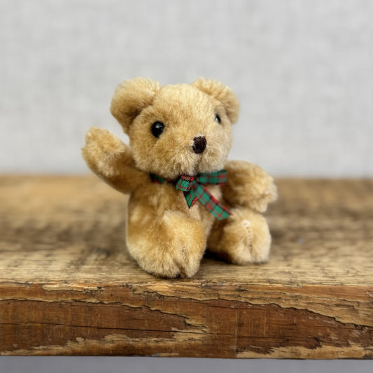 Russ Vintage Miniature Teddy Bear Tartan Bow - Tiny 3" Soft Toy Brown Bear Rare
