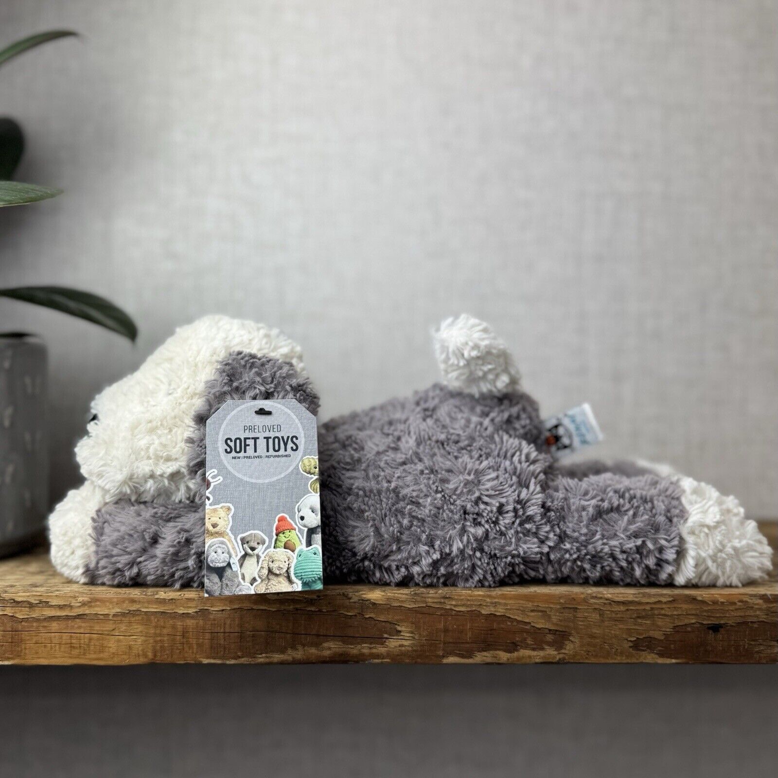 Jellycat Tumblie Sheepdog Grey & White Puppy Dog Soft Toy Plush - Laying Dog 12"