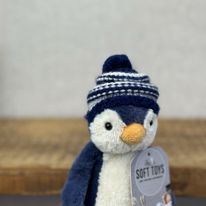 Jellycat Small Bashful Navy Bobble Hat Penguin - Blue Penguin Stripe Hat 8”