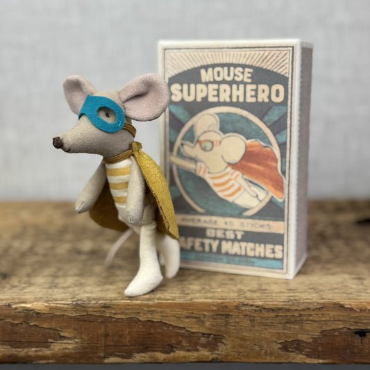 Maileg Superhero Mouse In A Matchbox - Superhero Mouse With Box & Bedding New