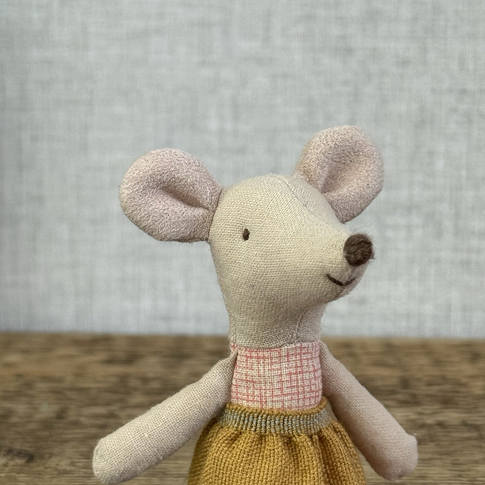 Maileg Little Sister - Red Check Bodice, Yellow Skirt, Miniature Maileg Mouse