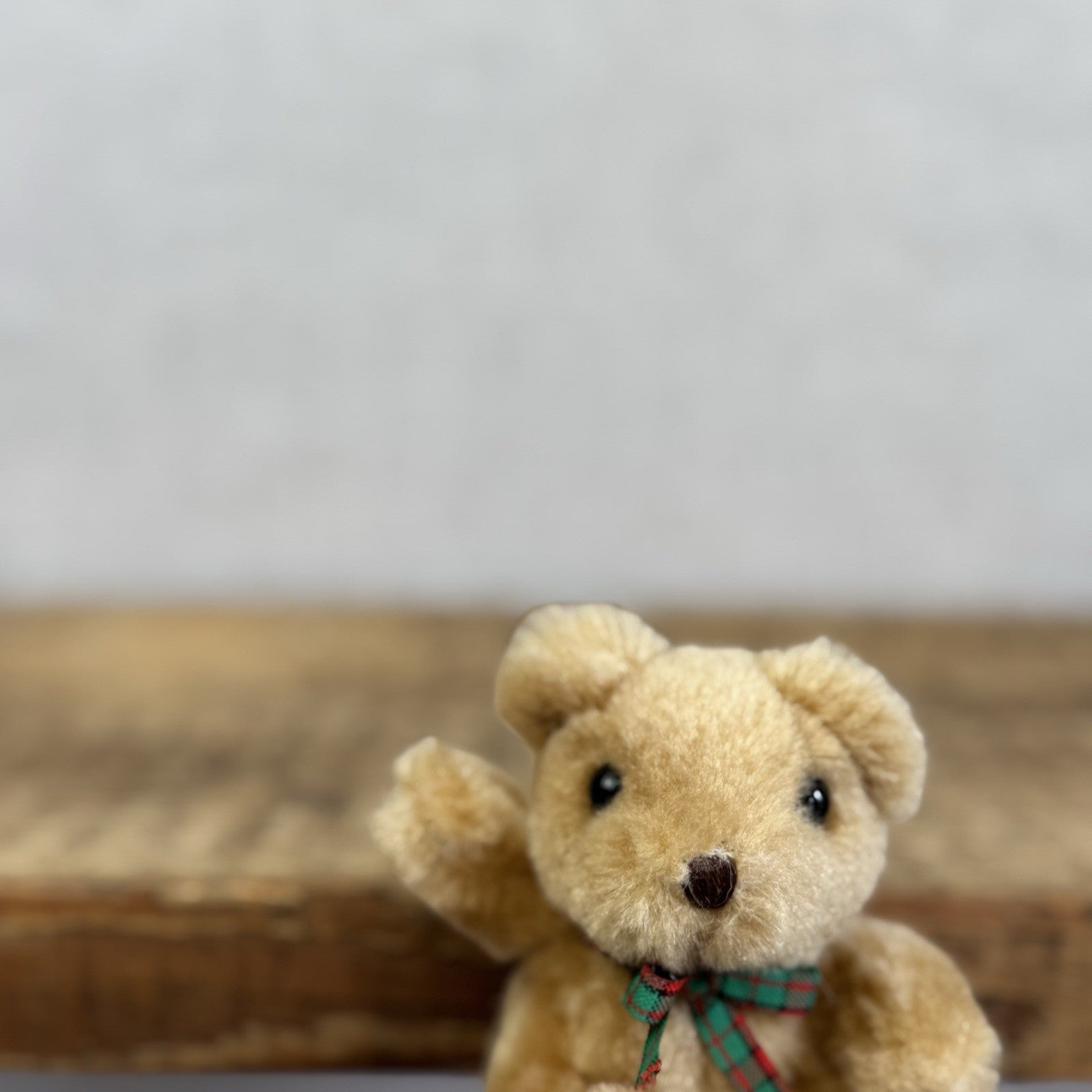 Russ Vintage Miniature Teddy Bear Tartan Bow - Tiny 3" Soft Toy Brown Bear Rare