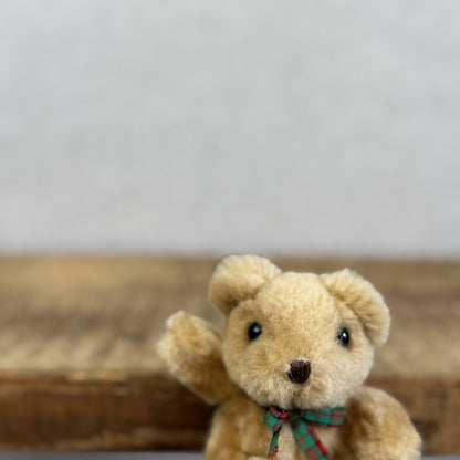 Russ Vintage Miniature Teddy Bear Tartan Bow - Tiny 3" Soft Toy Brown Bear Rare