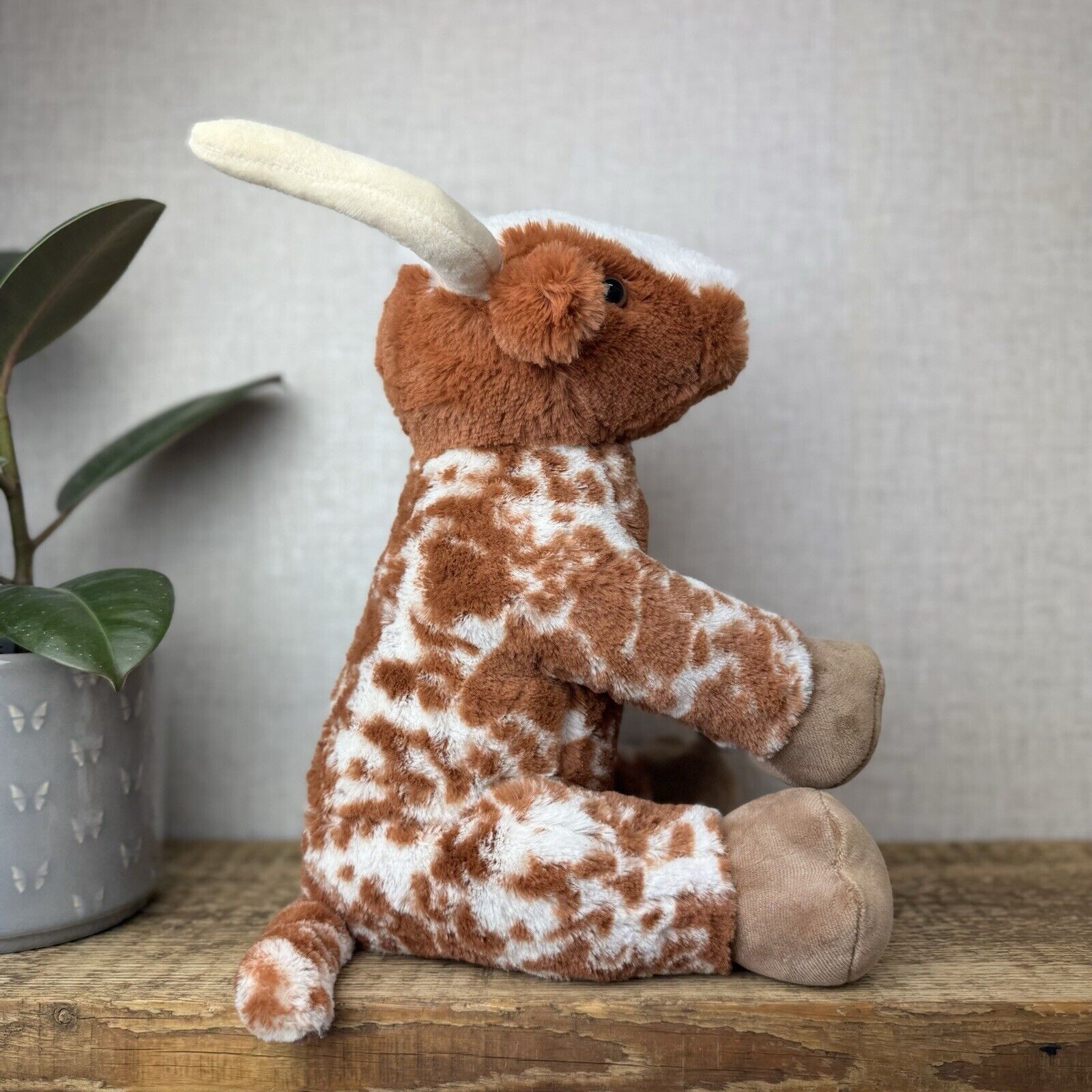 Build-a-Bear Highland Cow - Long Horn Cow Tan/Spot Plush Medium New 12"