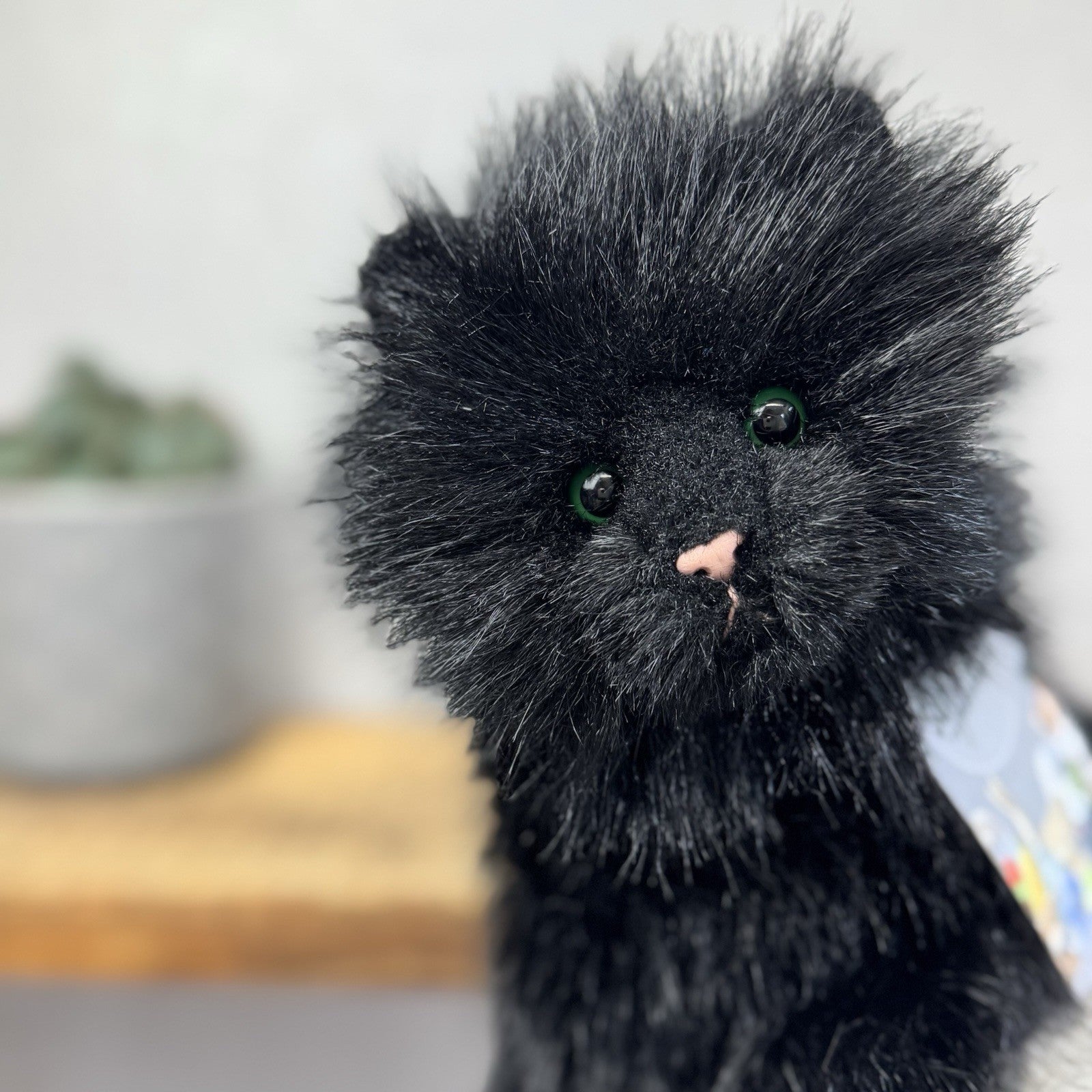 Russ All Black Fluffy Cat Sassy - Green Eyes Realistic Black Cat Plush Rare 15”
