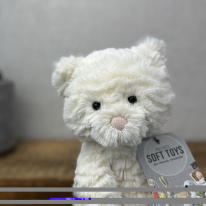 Jellycat Medium Fuddlewuddle Kitty - White Textured Sitting Cat Beanie Plush 8”