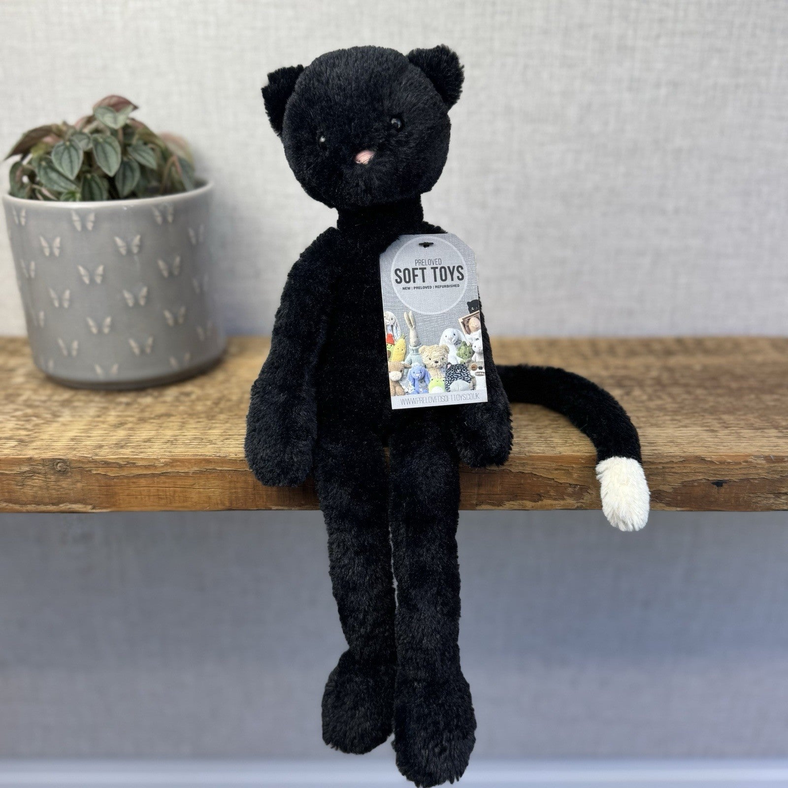 Jellycat Pitterpat Black Cat - Long Leg Kitten All Black - White Tail Tip 15"