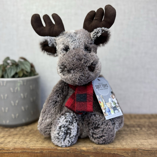 Jellycat Medium Bashful Moose With Scarf - Check Red/Black Scarf Woodland Moose