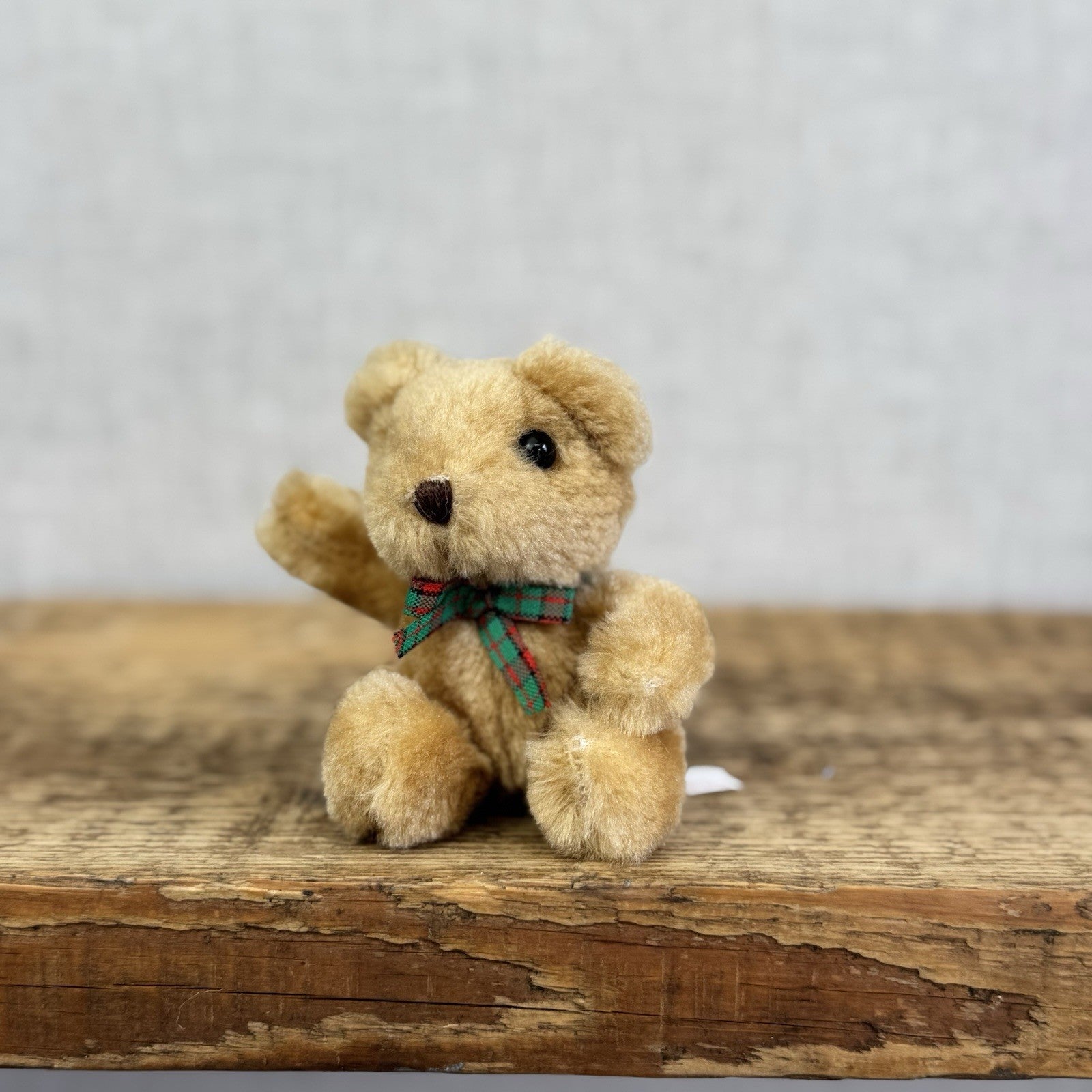 Russ Vintage Miniature Teddy Bear Tartan Bow - Tiny 3" Soft Toy Brown Bear Rare