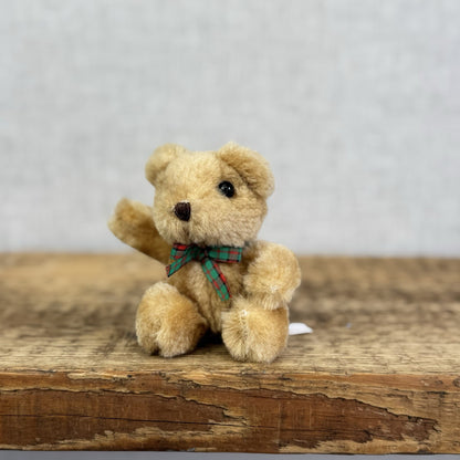 Russ Vintage Miniature Teddy Bear Tartan Bow - Tiny 3" Soft Toy Brown Bear Rare