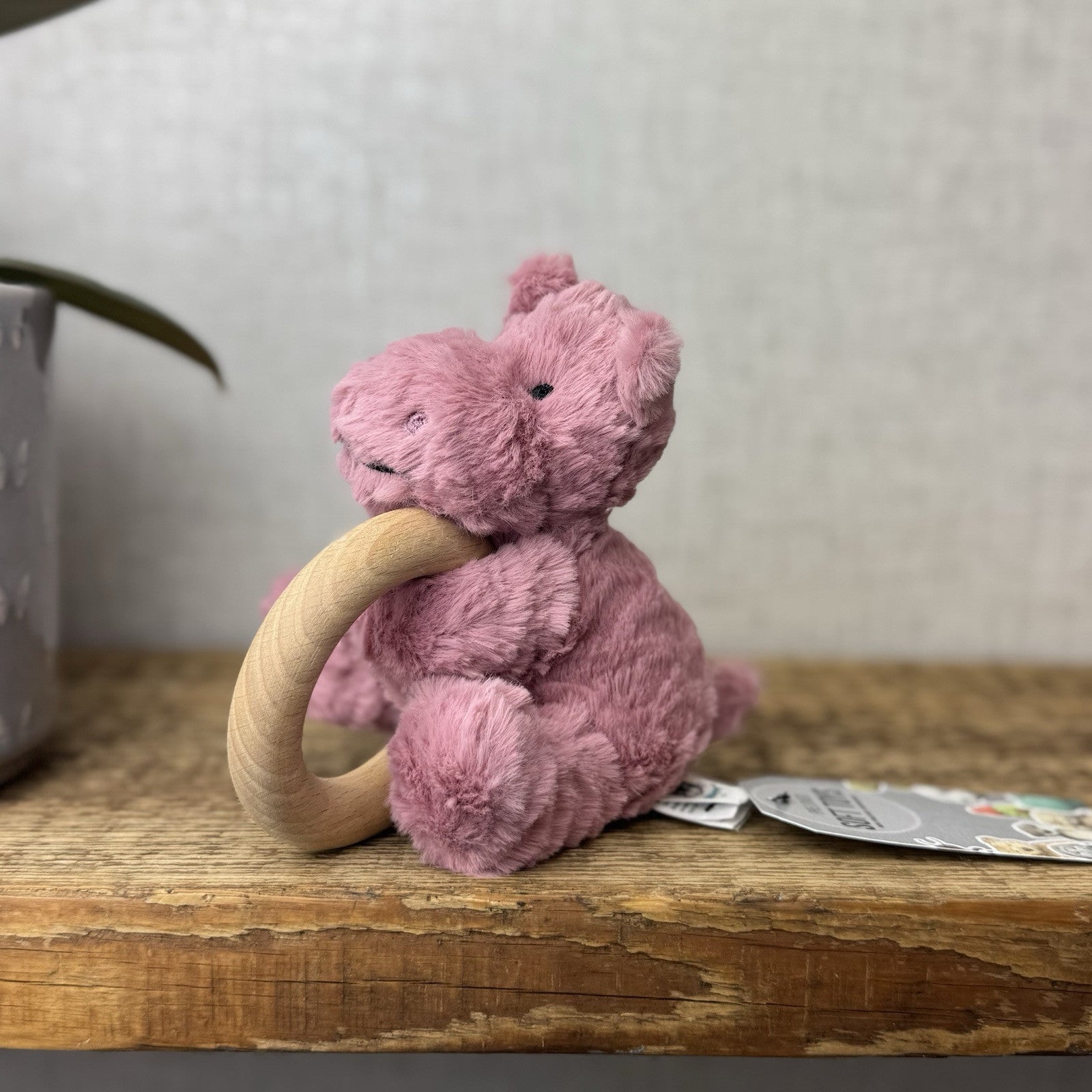 Jellycat Fuddlewuddle Hippo Wooden Ring Toy - Wooden Teether Pink Baby NWOT 5”