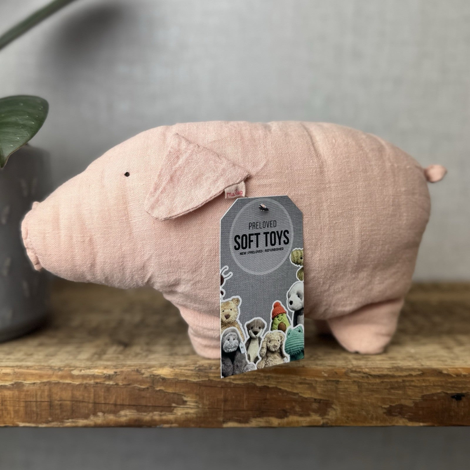Maileg Pink Linen Pig 8" - Pig Beanie Linen Soft Toy Pig - Retired Maileg 2016