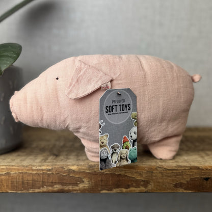 Maileg Pink Linen Pig 8" - Pig Beanie Linen Soft Toy Pig - Retired Maileg 2016