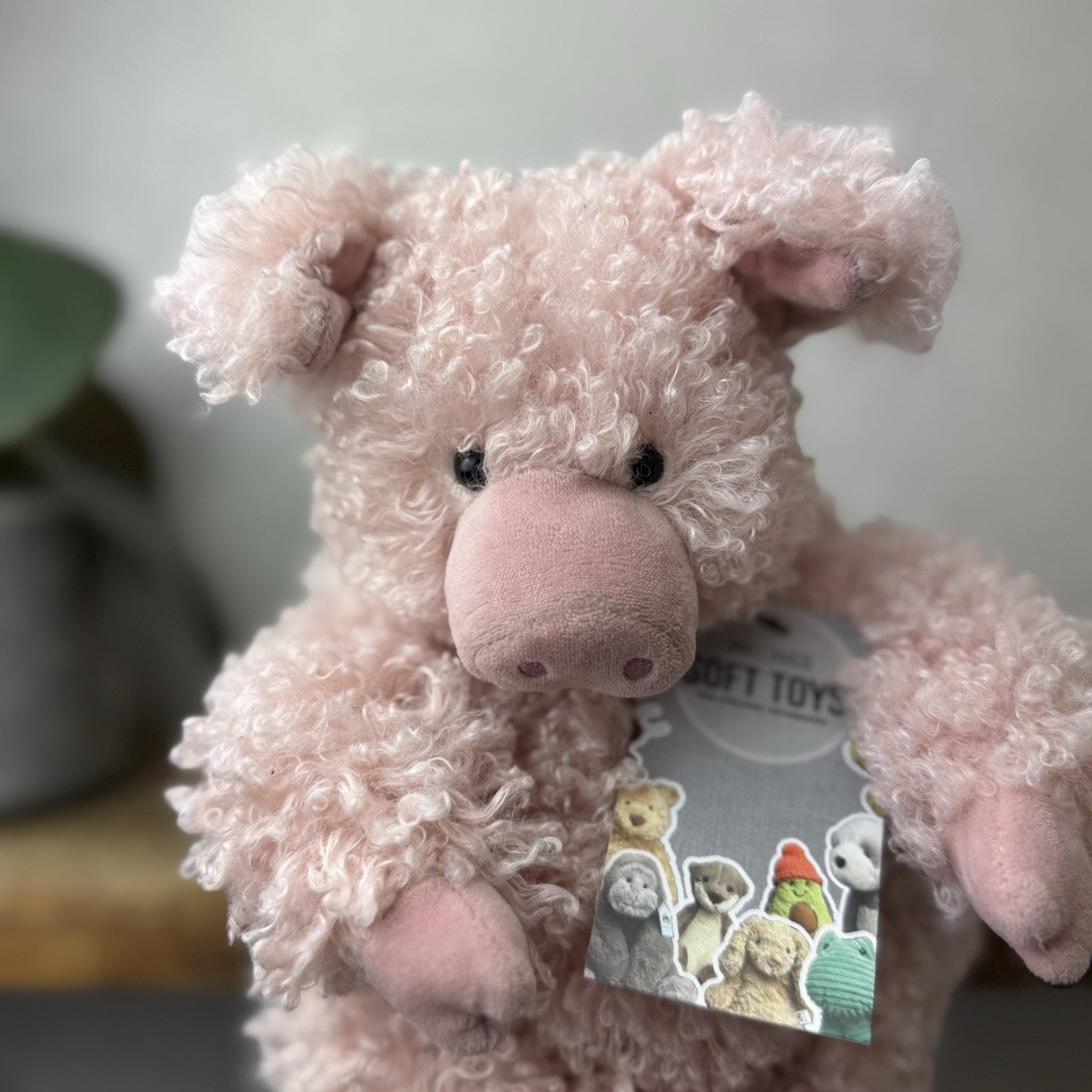 Jellycat Bobbleton Pig - Big Curly Haired Light Pink Pig Rare Retired Beanie 12"