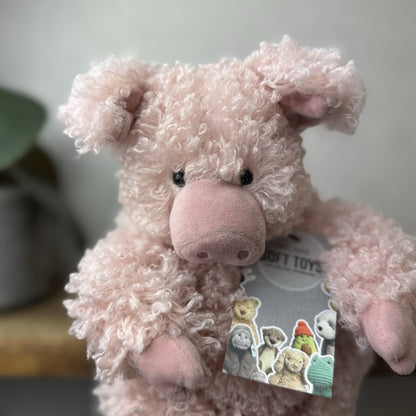 Jellycat Bobbleton Pig - Big Curly Haired Light Pink Pig Rare Retired Beanie 12"
