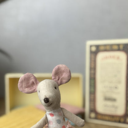 Maileg Little Sister In Matchbox - Retired 2019 - Small Tutu Mouse Spotty Body 