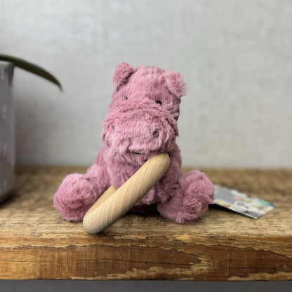 Jellycat Fuddlewuddle Hippo Wooden Ring Toy - Wooden Teether Pink Baby NWOT 5”