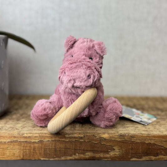 Jellycat Fuddlewuddle Hippo Wooden Ring Toy - Wooden Teether Pink Baby NWOT 5”