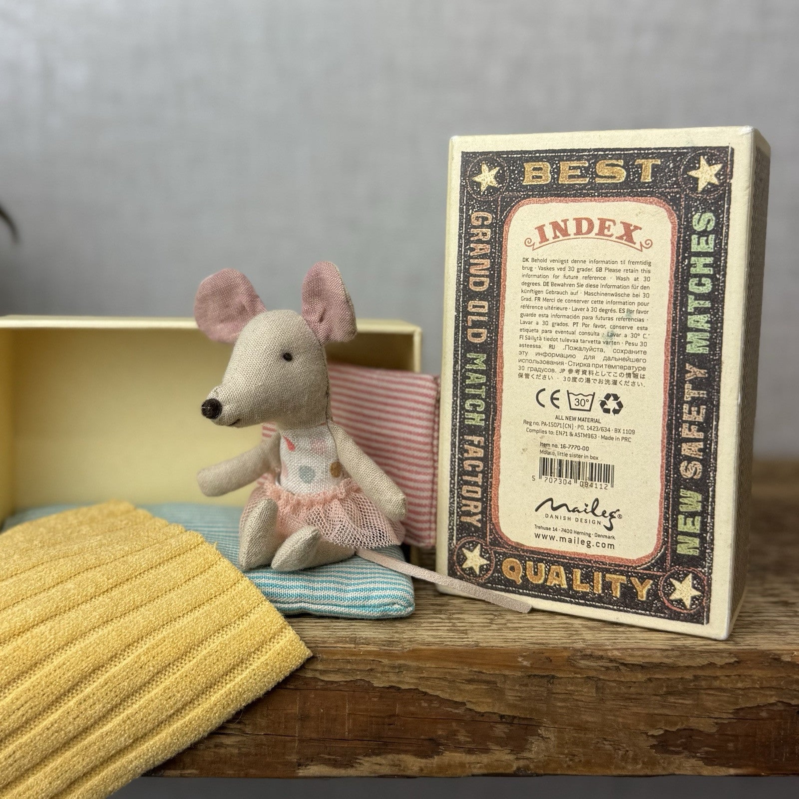 Maileg Little Sister In Matchbox - Retired 2019 - Small Tutu Mouse Spotty Body 