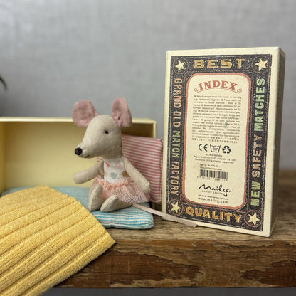 Maileg Little Sister In Matchbox - Retired 2019 - Small Tutu Mouse Spotty Body 