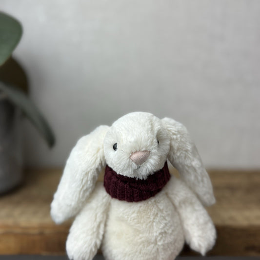 Jellycat Small Bashful Snug Berry Bunny - Small White Bunny Burgundy Scarf 8”
