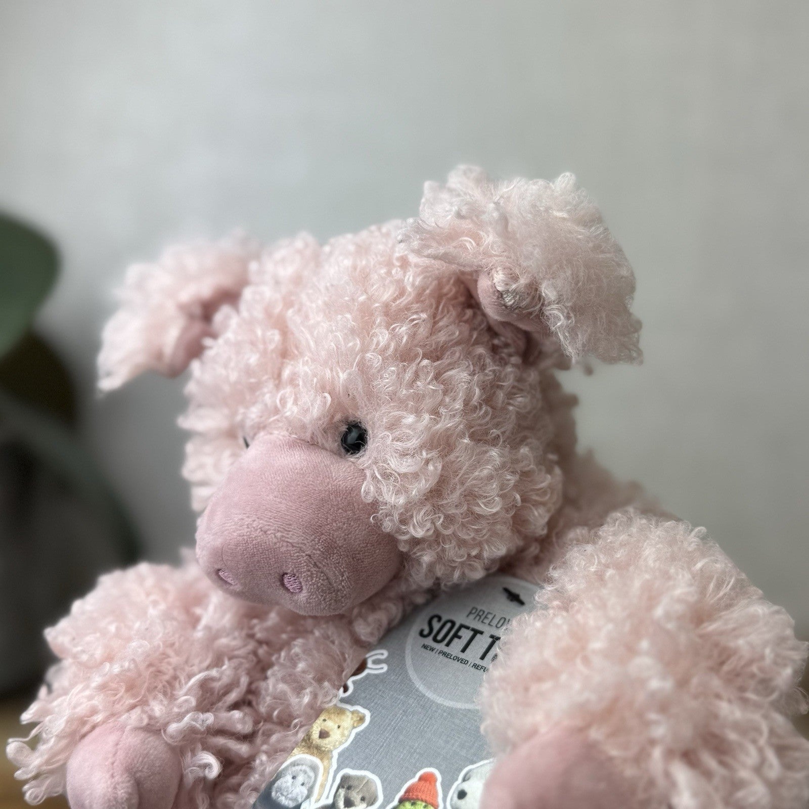 Jellycat Bobbleton Pig - Big Curly Haired Light Pink Pig Rare Retired Beanie 12"