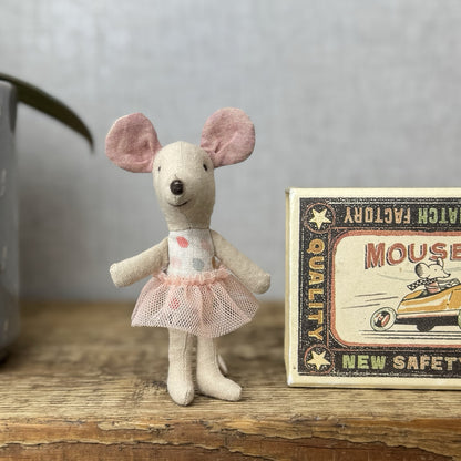 Maileg Little Sister In Matchbox - Retired 2019 - Small Tutu Mouse Spotty Body 