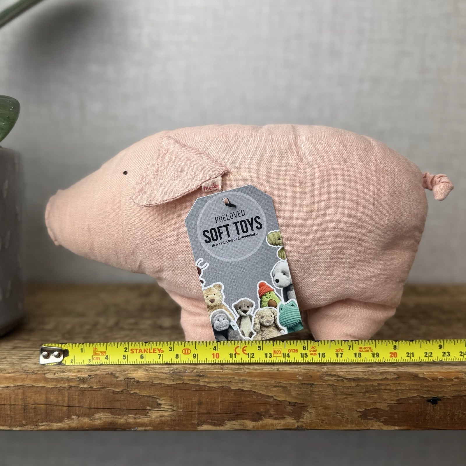 Maileg Pink Linen Pig 8" - Pig Beanie Linen Soft Toy Pig - Retired Maileg 2016