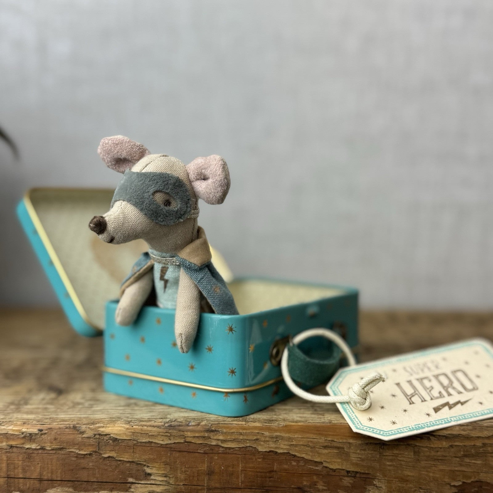 Maileg Superhero In Suitcase - Old Style Retired Superhero Mouse 2017