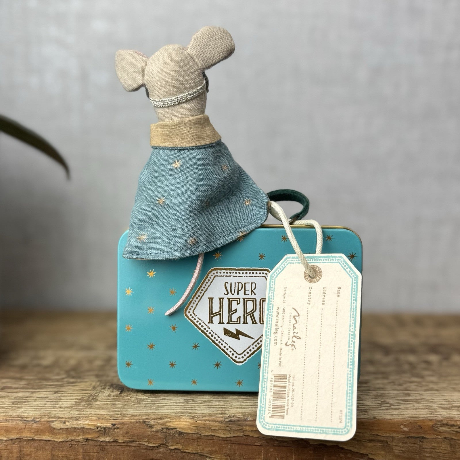 Maileg Superhero In Suitcase - Old Style Retired Superhero Mouse 2017