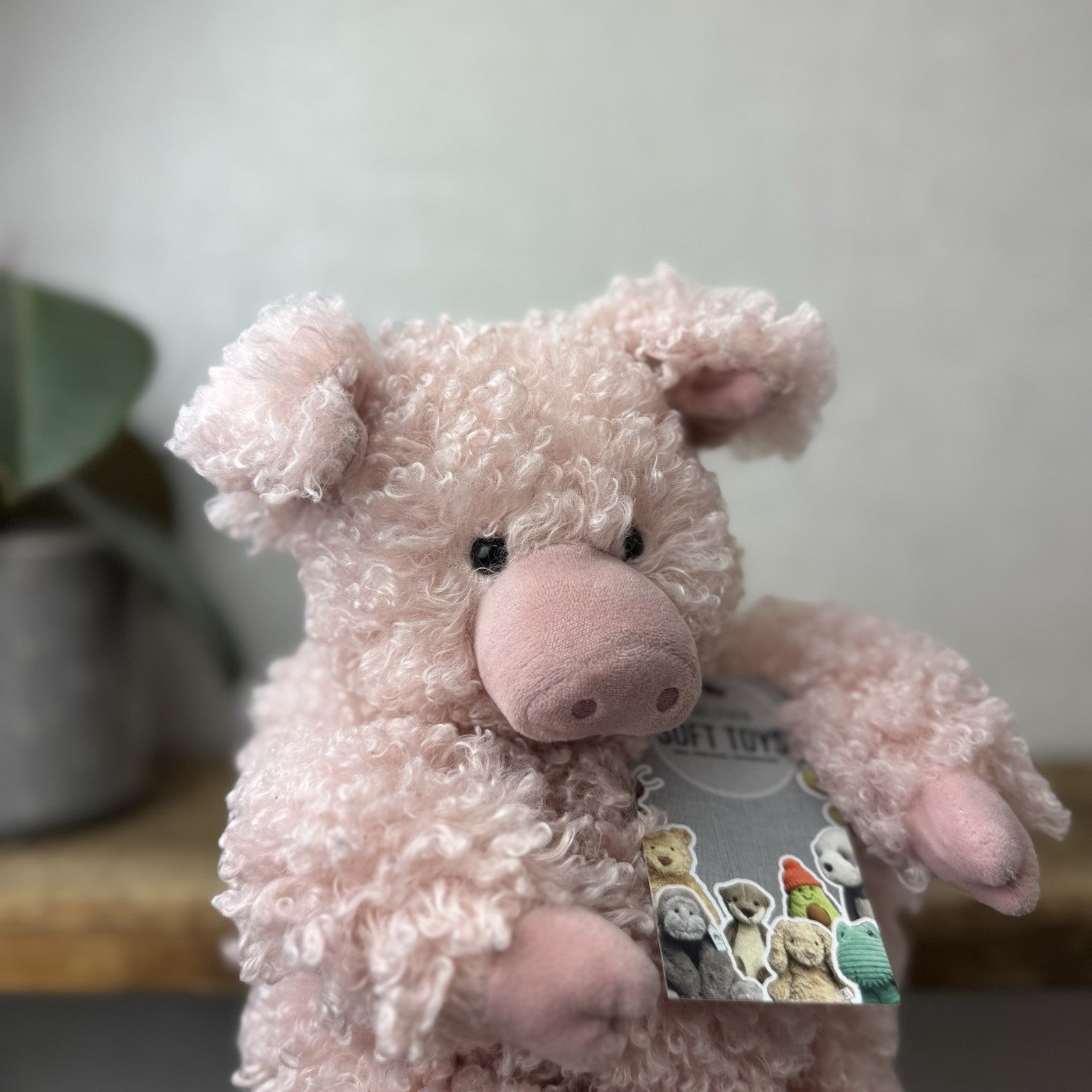 Jellycat Bobbleton Pig - Big Curly Haired Light Pink Pig Rare Retired Beanie 12"