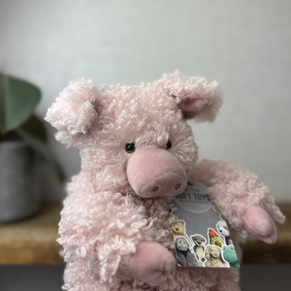 Jellycat Bobbleton Pig - Big Curly Haired Light Pink Pig Rare Retired Beanie 12"
