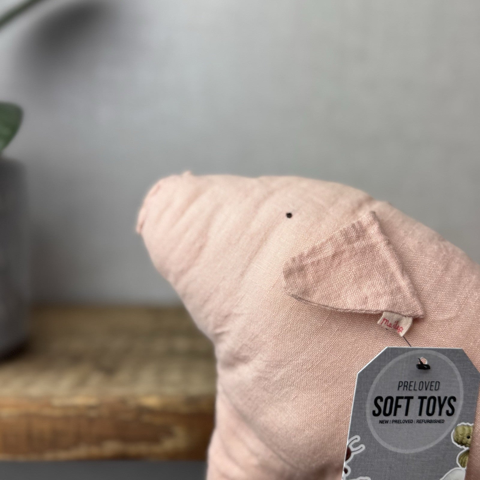 Maileg Pink Linen Pig 8" - Pig Beanie Linen Soft Toy Pig - Retired Maileg 2016