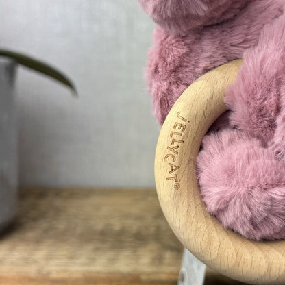Jellycat Fuddlewuddle Hippo Wooden Ring Toy - Wooden Teether Pink Baby NWOT 5”