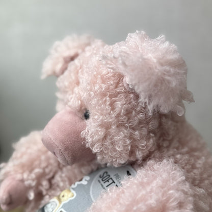 Jellycat Bobbleton Pig - Big Curly Haired Light Pink Pig Rare Retired Beanie 12"