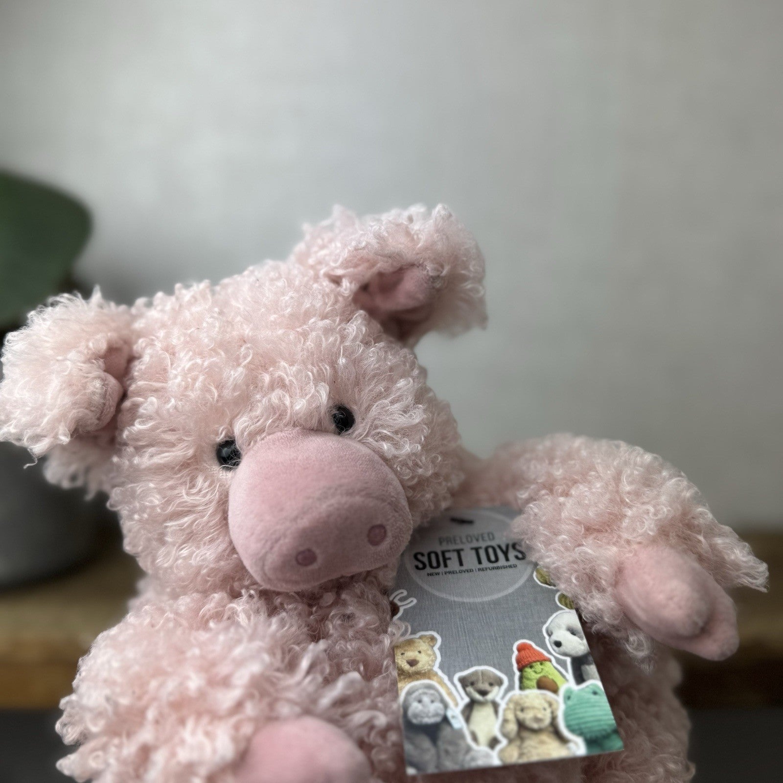 Jellycat Bobbleton Pig - Big Curly Haired Light Pink Pig Rare Retired Beanie 12"