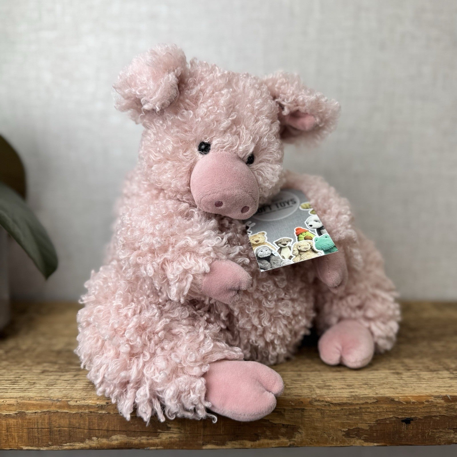Jellycat Bobbleton Pig - Big Curly Haired Light Pink Pig Rare Retired Beanie 12"