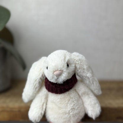 Jellycat Small Bashful Snug Berry Bunny - Small White Bunny Burgundy Scarf 8”