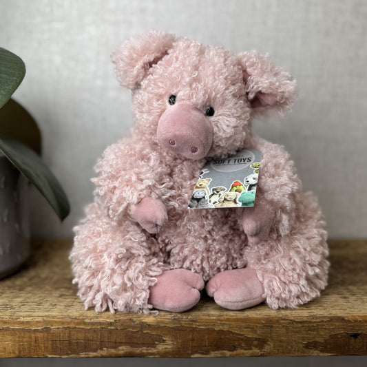 Jellycat Bobbleton Pig - Big Curly Haired Light Pink Pig Rare Retired Beanie 12"