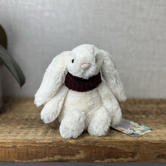 Jellycat Small Bashful Snug Berry Bunny - Small White Bunny Burgundy Scarf 8”