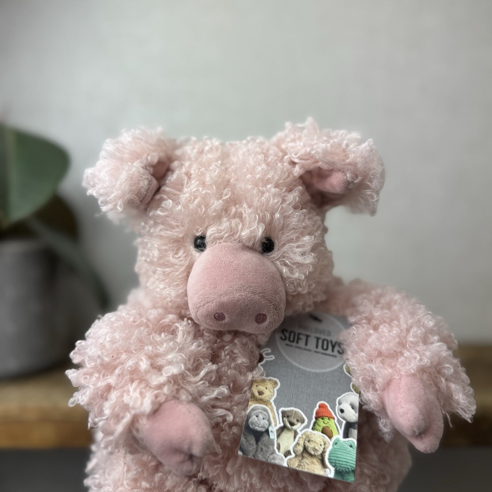 Jellycat Bobbleton Pig - Big Curly Haired Light Pink Pig Rare Retired Beanie 12"