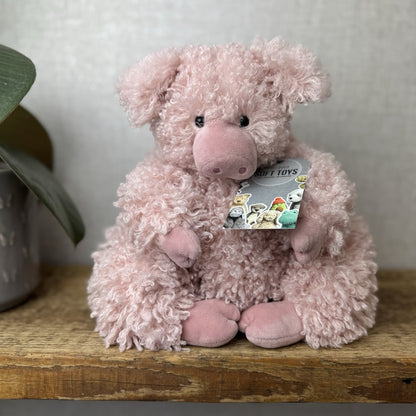 Jellycat Bobbleton Pig - Big Curly Haired Light Pink Pig Rare Retired Beanie 12"