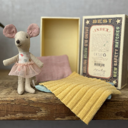 Maileg Little Sister In Matchbox - Retired 2019 - Small Tutu Mouse Spotty Body 